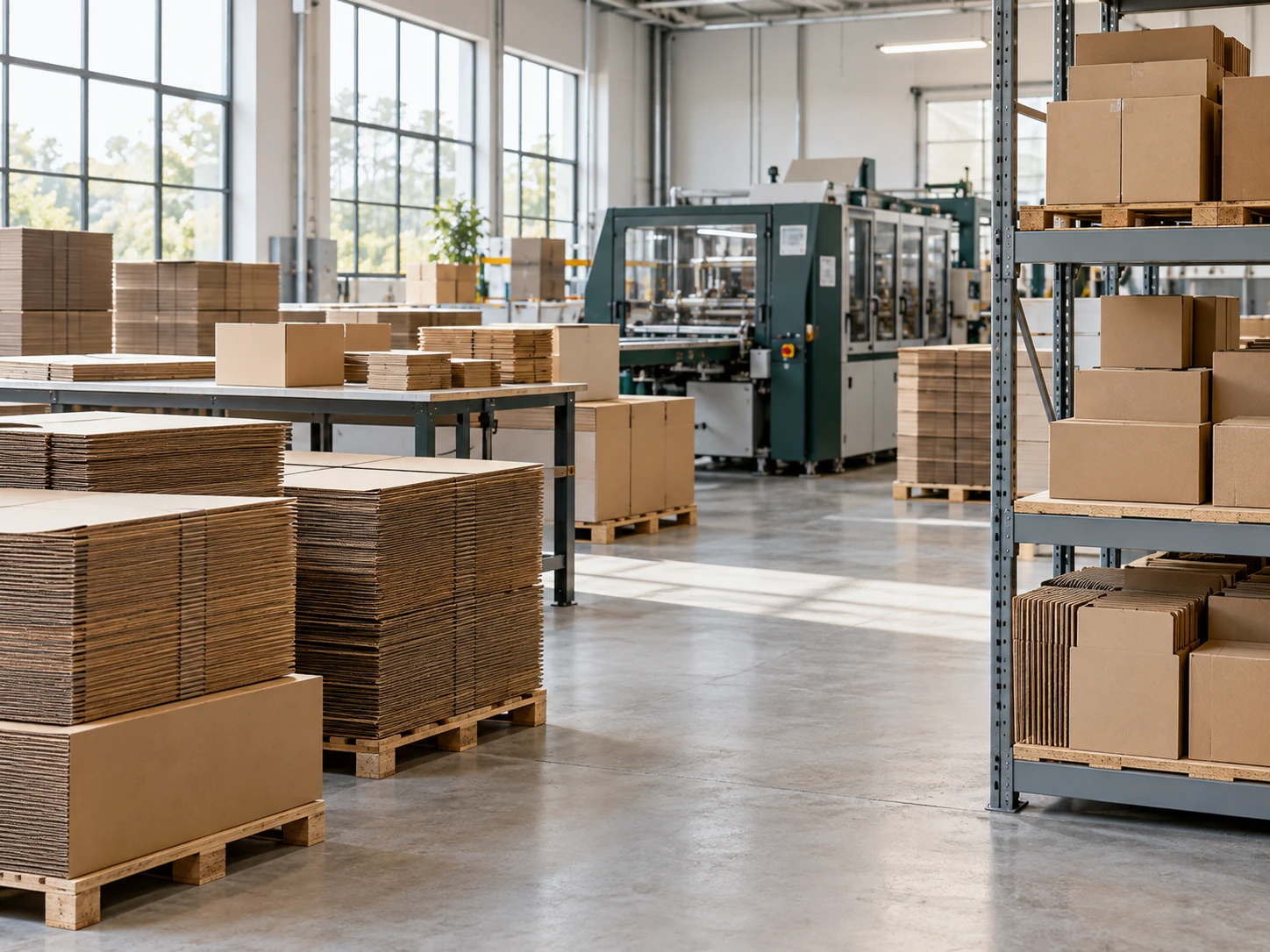 Illustrative packaging production facility with neatly stacked cardboard and cartons