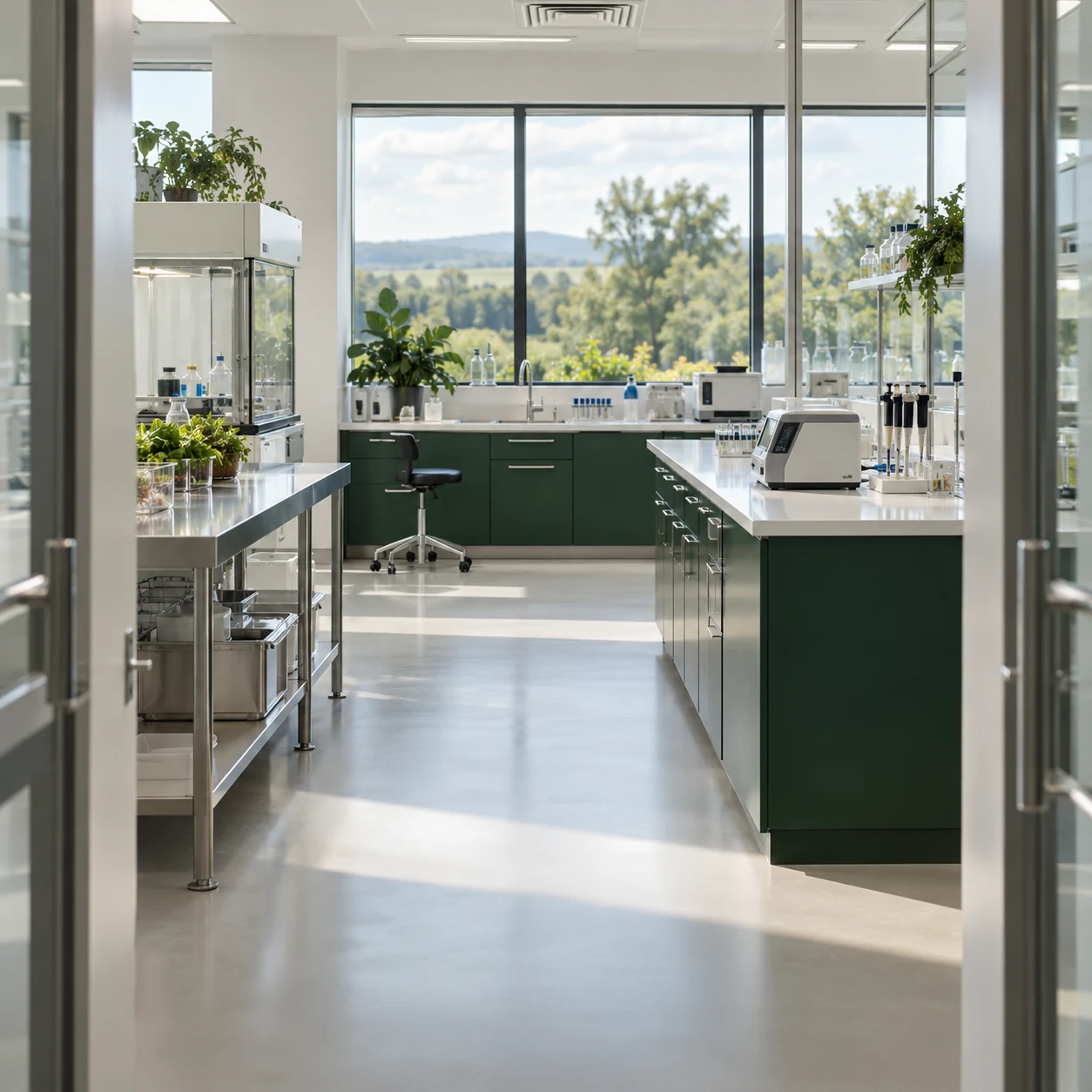Illustrative modern quality-control laboratory with green cabinetry and natural light