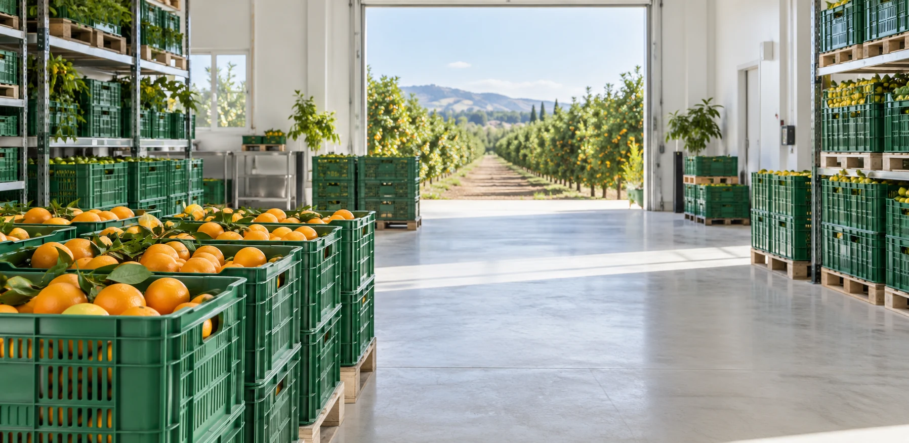 Illustrative organised agricultural packhouse and orchard
